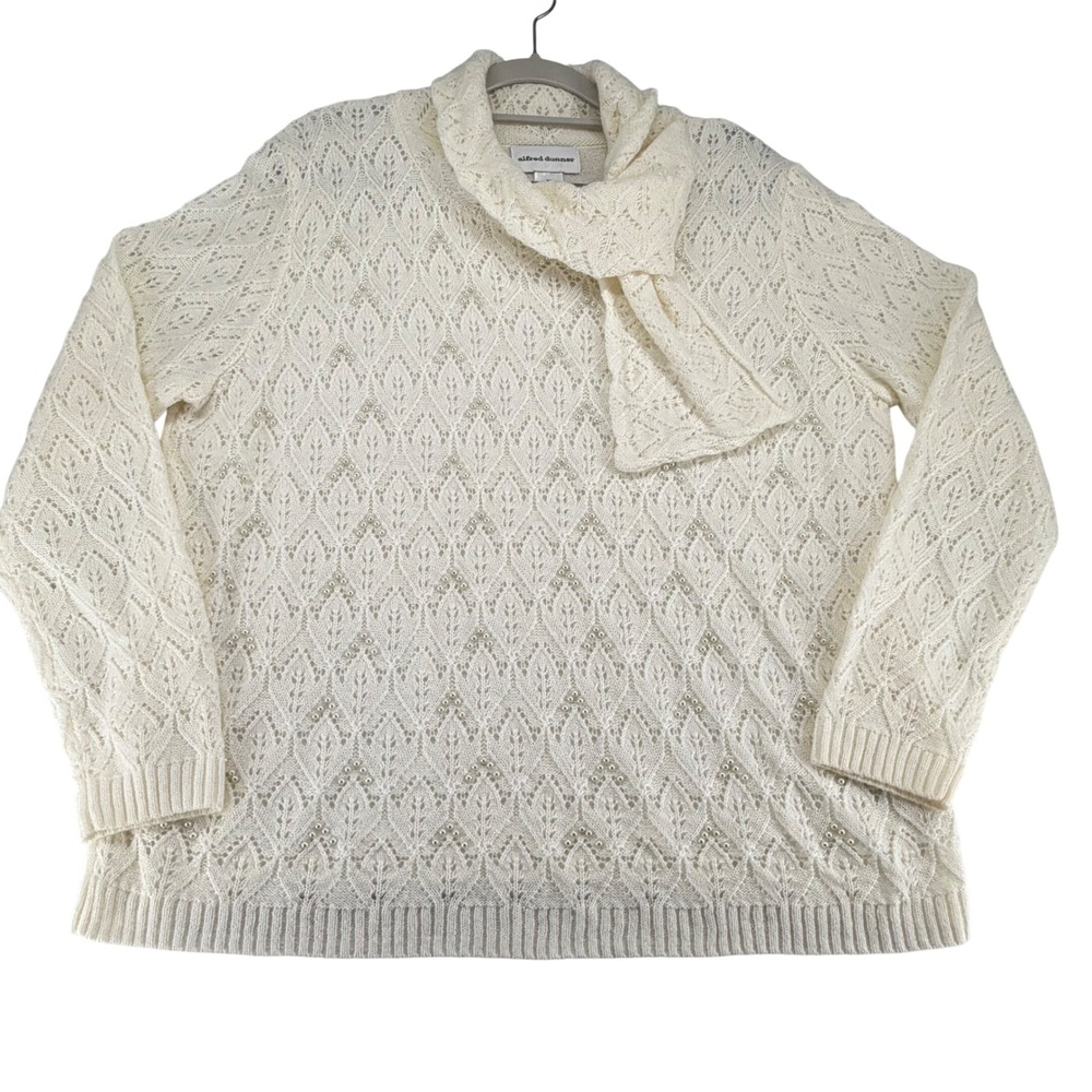 Alfred Dunner Womens XL Ivory Pointelle Knit Pearl Embellished Bow Neck Sweater